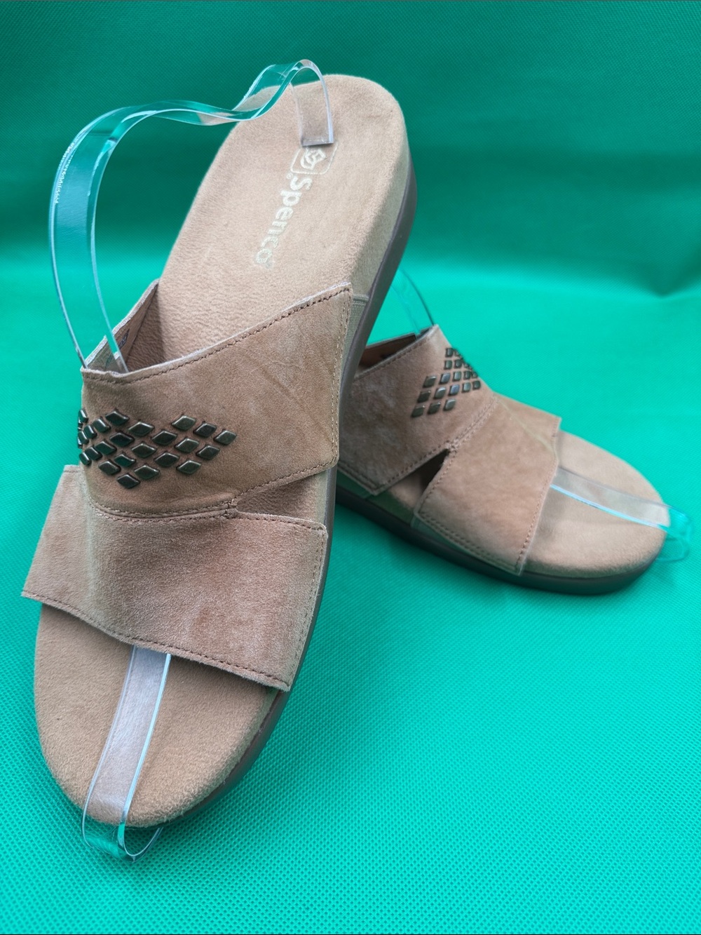Taupe Suede Crossover Slide Mules with Stud Accents